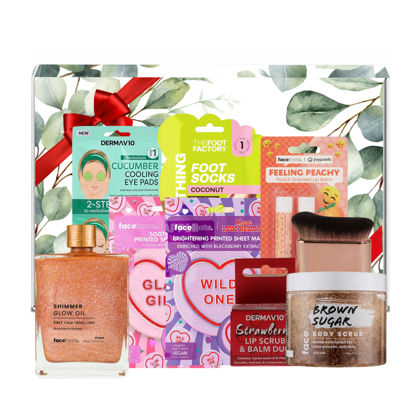 Beauty pamper gift set with skincare masks, lip care, shimmer body oil, foot socks, kabuki brush and brown sugar body scrub presented in premium gift packaging suitable for all occasions, ideal for birthdays, Christmas, Mother’s Day and self-care gifting.