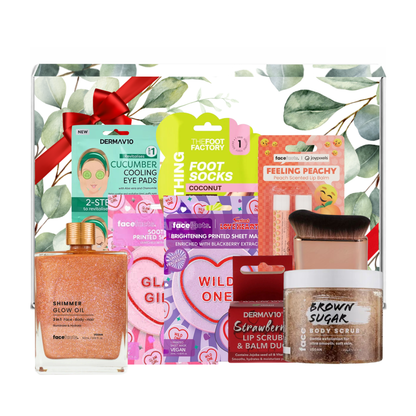 Beauty pamper gift set with skincare masks, lip care, shimmer body oil, foot socks, kabuki brush and brown sugar body scrub presented in premium gift packaging suitable for all occasions, ideal for birthdays, Christmas, Mother’s Day and self-care gifting.