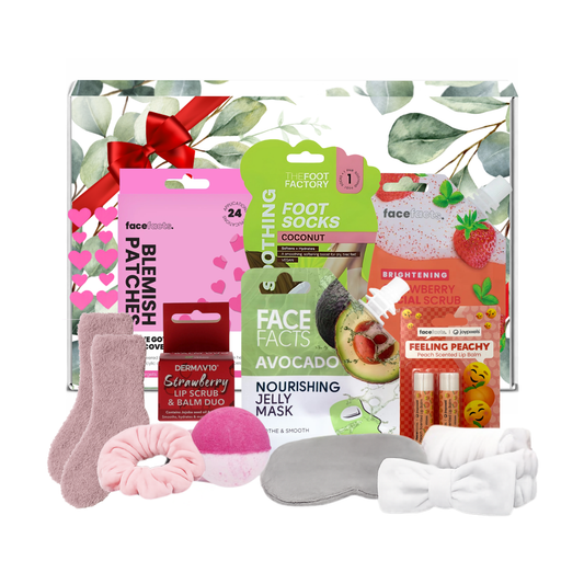 Teen pamper gift set featuring heart blemish patches, avocado jelly face mask, strawberry sheet mask, collagen lip mask, lip kit, eye mask and spa accessories presented in premium gift packaging suitable for all occasions, ideal for birthdays, Christmas, Mother’s Day and self-care gifting.
