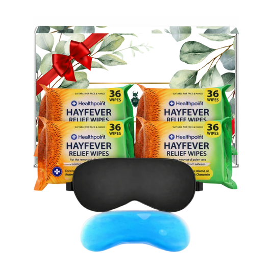 Healthpoint hayfever relief wipes multipack with soothing aloe vera and chamomile, shown with black sleep eye mask and blue cooling gel eye mask presented in premium gift packaging suitable for all occasions, ideal for birthdays, Christmas, Mother’s Day and self-care gifting.