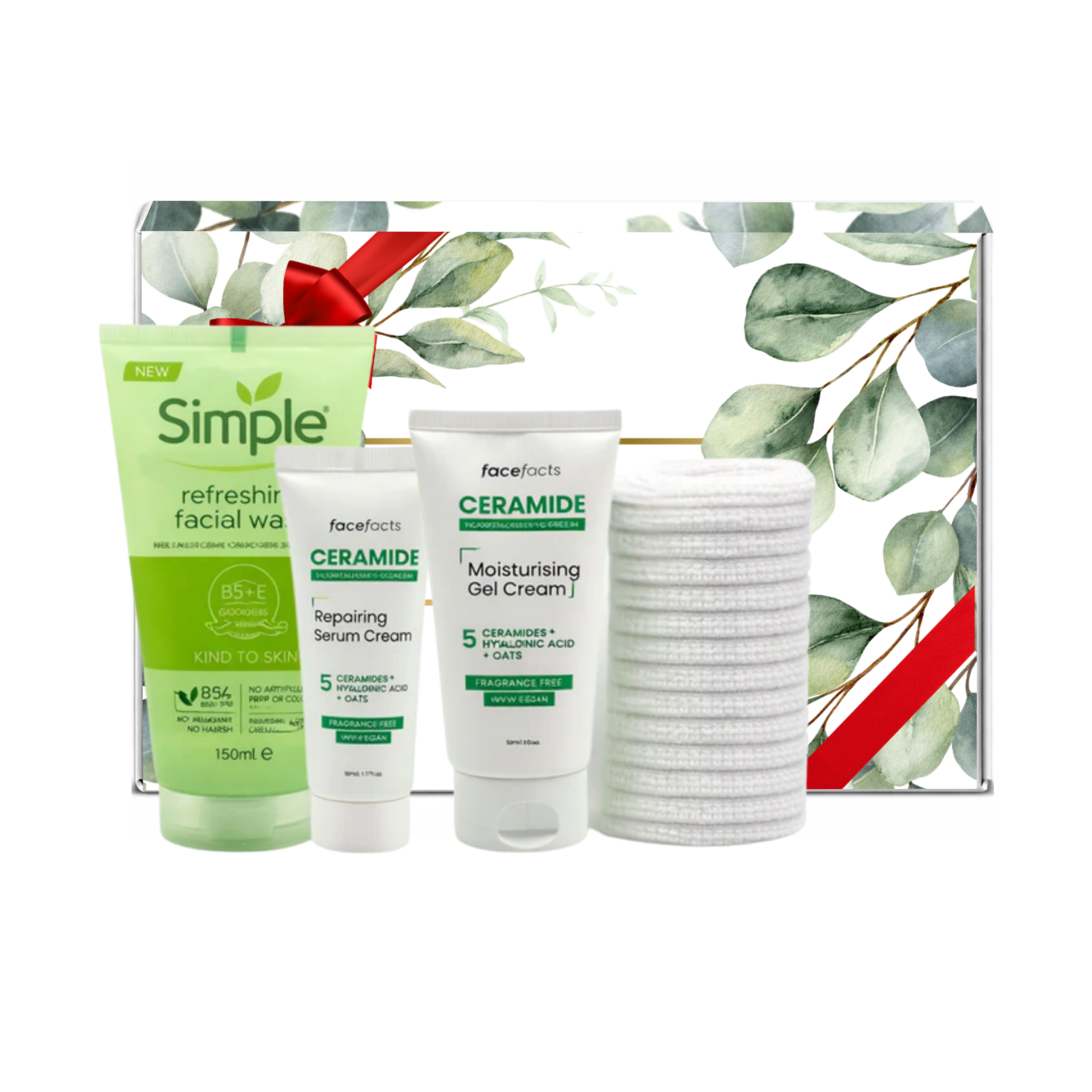 Ceramide skincare routine set with gentle facial wash, repairing serum cream, moisturising gel cream and microfiber white cloth for sensitive skin care presented in premium gift packaging suitable for all occasions, ideal for birthdays, Christmas, Mother’s Day and self-care gifting.