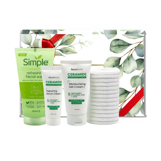 Ceramide skincare routine set with gentle facial wash, repairing serum cream, moisturising gel cream and microfiber white cloth for sensitive skin care presented in premium gift packaging suitable for all occasions, ideal for birthdays, Christmas, Mother’s Day and self-care gifting.