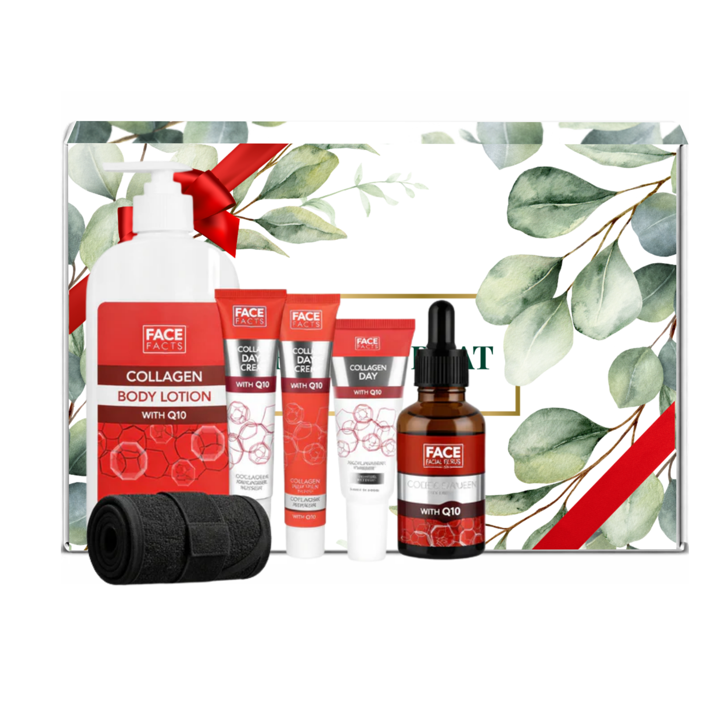 Face Facts collagen and Q10 skincare gift set with body lotion, day cream, night cream, eye cream, facial serum and black spa headband presented in premium gift packaging suitable for all occasions, ideal for birthdays, Christmas, Mother’s Day and self-care gifting.