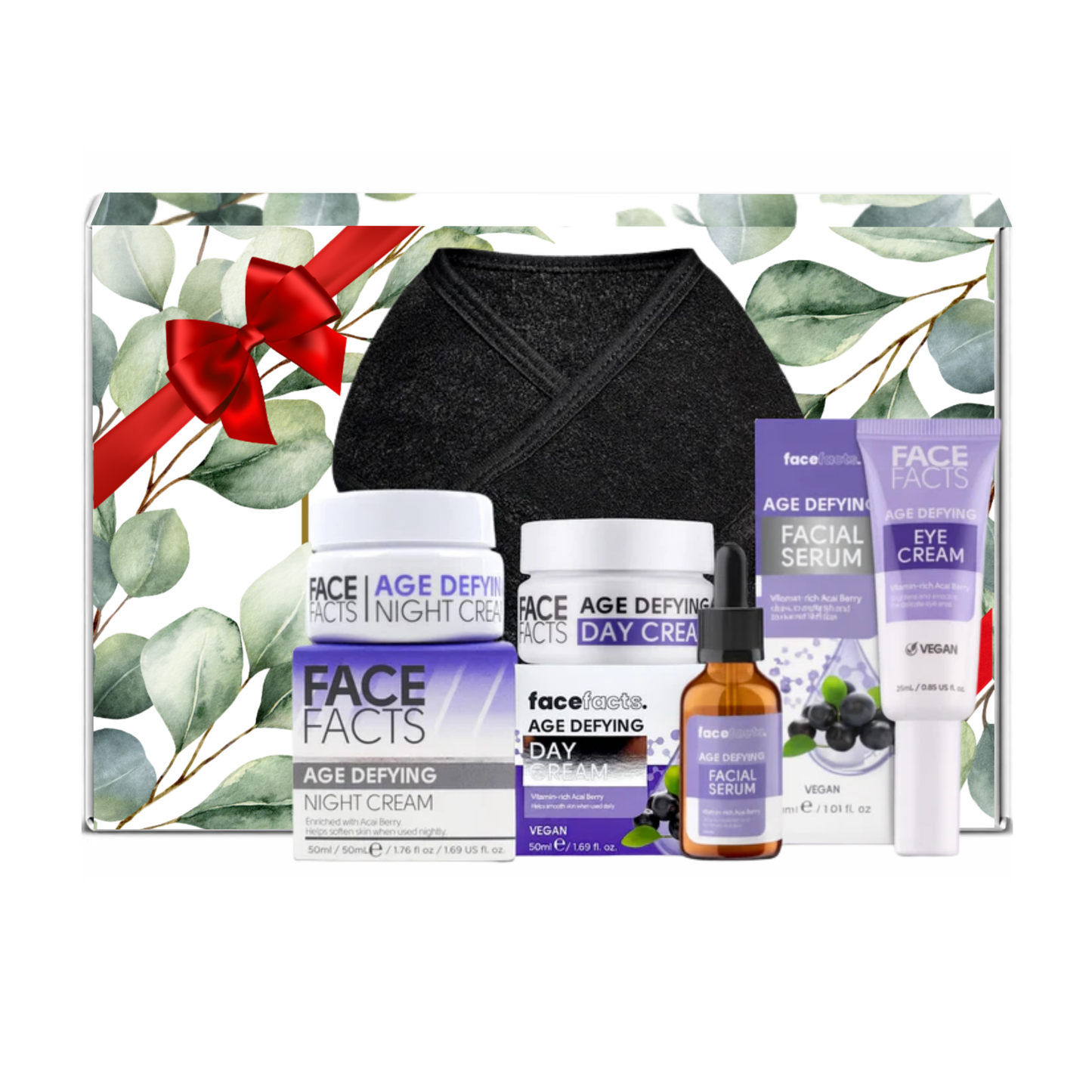 Face Facts age defying acai berry skincare gift set including day cream, night cream, facial serum, eye cream and adjustable spa headband presented in premium gift packaging suitable for all occasions, ideal for birthdays, Christmas, Mother’s Day and self-care gifting.