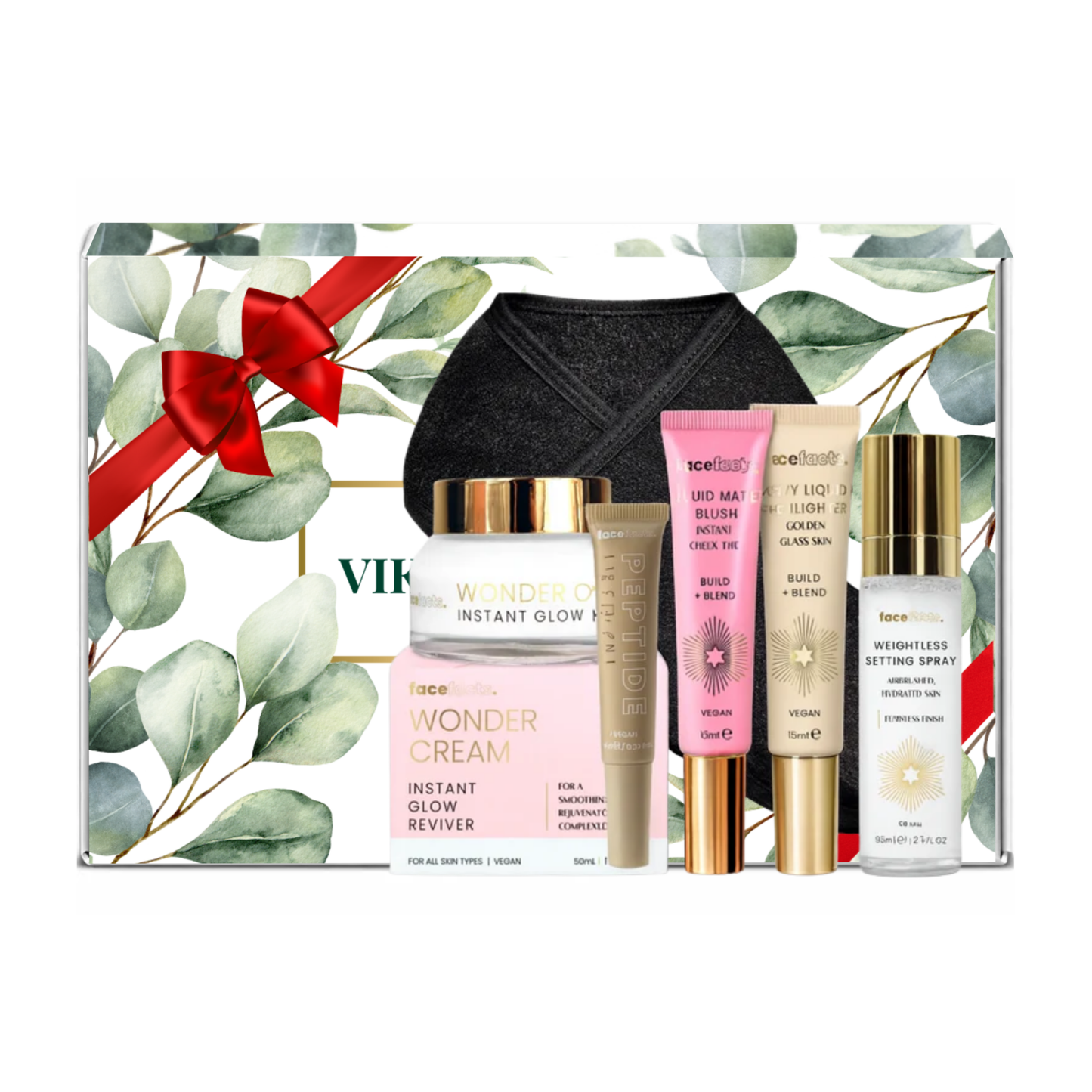 Face Facts instant glow makeup set showing glow cream, liquid blush, liquid highlighter, lip treatment, setting spray and spa headband presented in premium gift packaging suitable for all occasions, ideal for birthdays, Christmas, Mother’s Day and self-care gifting.