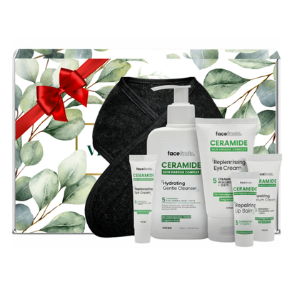 Face Facts ceramide sensitive skin gift set showing cleanser, gel cream, serum cream, eye cream, lip balm and spa headband presented in premium gift packaging suitable for all occasions, ideal for birthdays, Christmas, Mother’s Day and self-care gifting.