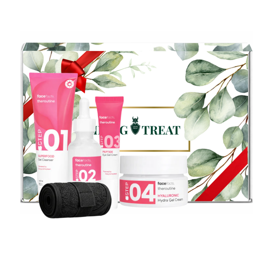 Face Facts skincare routine set featuring superfood gel cleanser, hydrating serum, peptide eye gel cream, hyaluronic gel cream and black spa headband presented in premium gift packaging suitable for all occasions, ideal for birthdays, Christmas, Mother’s Day and self-care gifting.