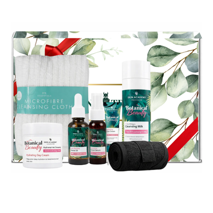 Botanical Beauty skincare gift set with cleansing milk, hydrating day cream, facial oils, microfiber cleansing cloth and spa headband presented in premium gift packaging suitable for all occasions, ideal for birthdays, Christmas, Mother’s Day and self-care gifting.