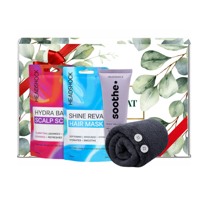 Headshock hair revival set with scalp scrub, hair mask, soothing scalp treatment and black microfiber hair wrap presented in premium gift packaging suitable for all occasions, ideal for birthdays, Christmas, Mother’s Day and self-care gifting.