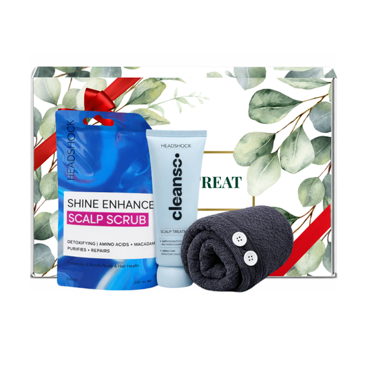 Headshock scalp revival set featuring shine enhance scalp scrub, cleanse scalp treatment and black microfiber hair wrap towel for at home scalp care presented in premium gift packaging suitable for all occasions, ideal for birthdays, Christmas, Mother’s Day and self-care gifting.