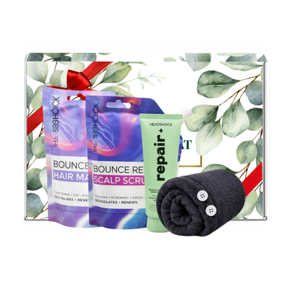 Headshock scalp scrub and hair mask bundle with repair treatment and hair towel wrap, designed for complete scalp and hair care presented in premium gift packaging suitable for all occasions, ideal for birthdays, Christmas, Mother’s Day and self-care gifting.