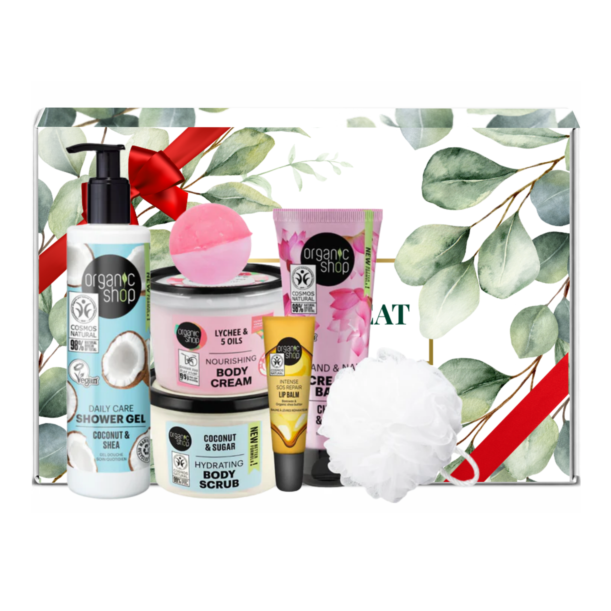 Pamper gift set featuring Organic Shop coconut shower gel, hydrating body scrub, nourishing body cream, hand cream, lip balm and bath sponge presented in premium gift packaging suitable for all occasions, ideal for birthdays, Christmas, Mother’s Day and self-care gifting.