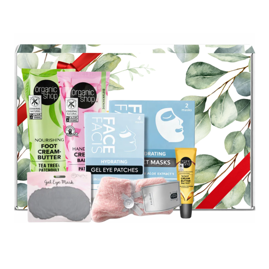 Self care gift set featuring Organic Shop foot cream butter, hand cream balm, hydrating face sheet masks, gel eye patches, cosy socks and lip balm presented in premium gift packaging suitable for all occasions, ideal for birthdays, Christmas, Mother’s Day and self-care gifting.