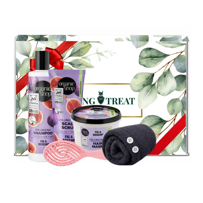 Organic Shop fig and rosehip volumizing hair care set with shampoo, scalp scrub, hair mask, scalp massager brush and microfiber hair wrap for oily hair presented in premium gift packaging suitable for all occasions, ideal for birthdays, Christmas, Mother’s Day and self-care gifting.