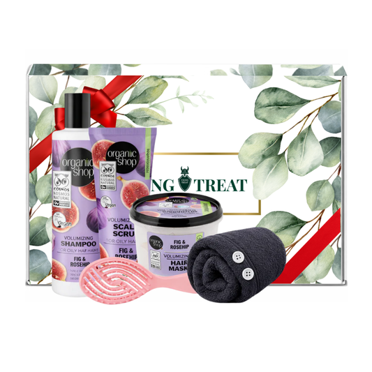 Organic Shop fig and rosehip volumizing hair care set with shampoo, scalp scrub, hair mask, scalp massager brush and microfiber hair wrap for oily hair presented in premium gift packaging suitable for all occasions, ideal for birthdays, Christmas, Mother’s Day and self-care gifting.