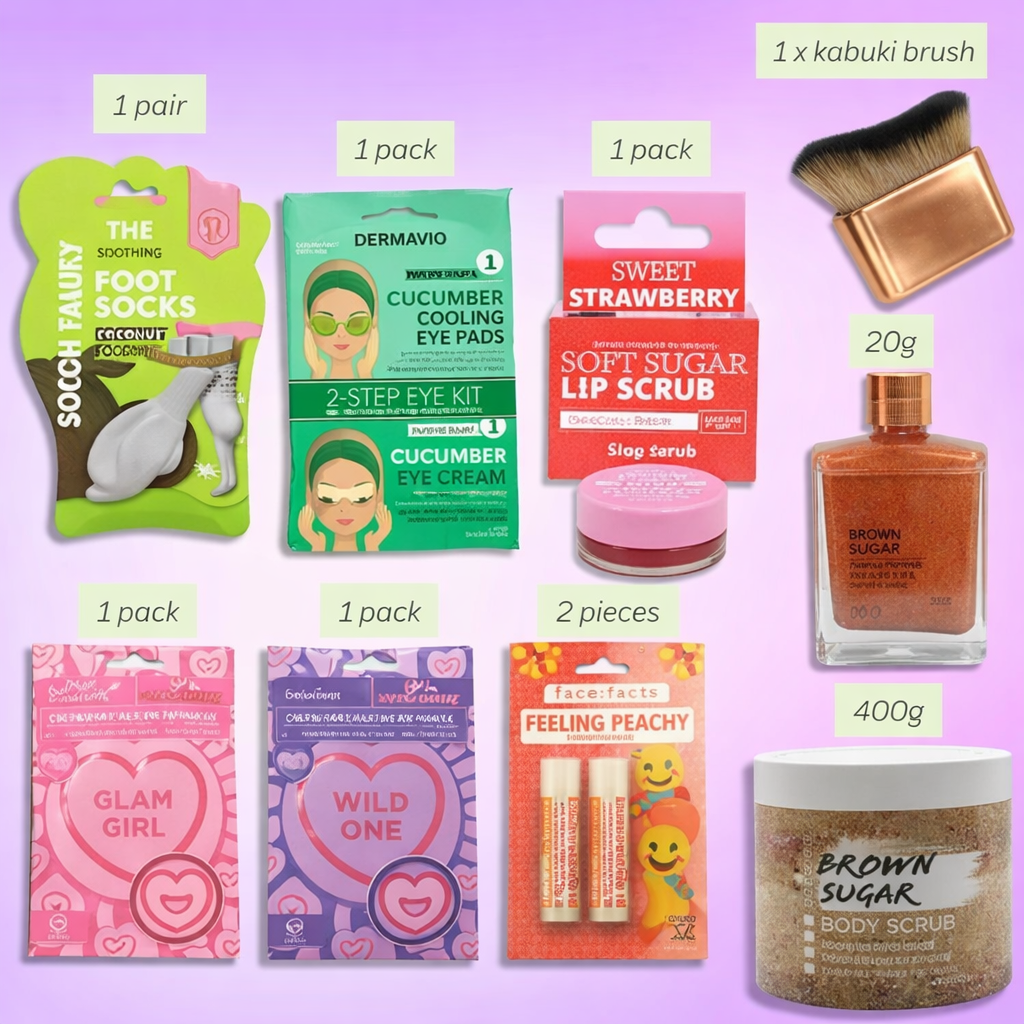 Complete teen self care gift set featuring strawberry lip scrub, brown sugar body scrub, cucumber eye pads, coconut foot socks, lip balms, kabuki makeup brush and spa skincare products for pamper routine and gift giving.