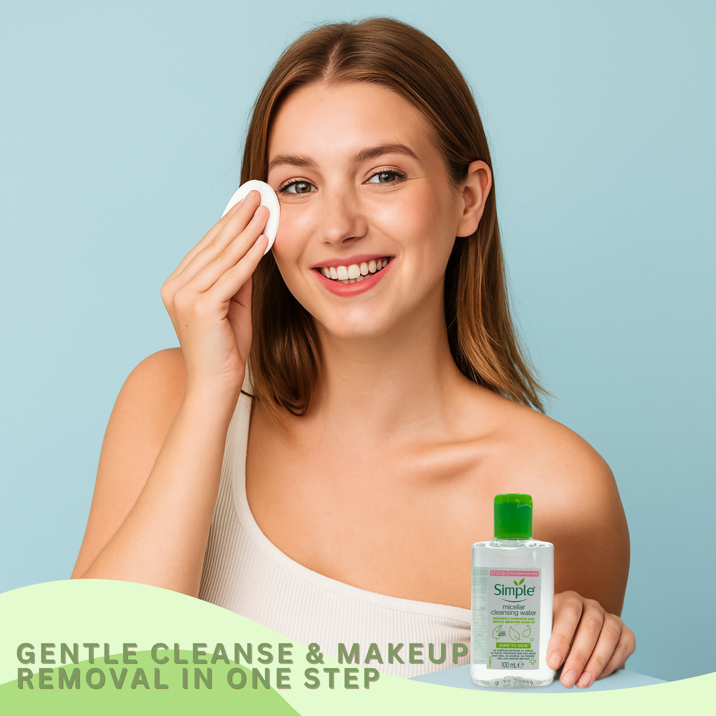 Woman using VIKINGTREAT micellar cleansing water with cotton pad for gentle makeup removal