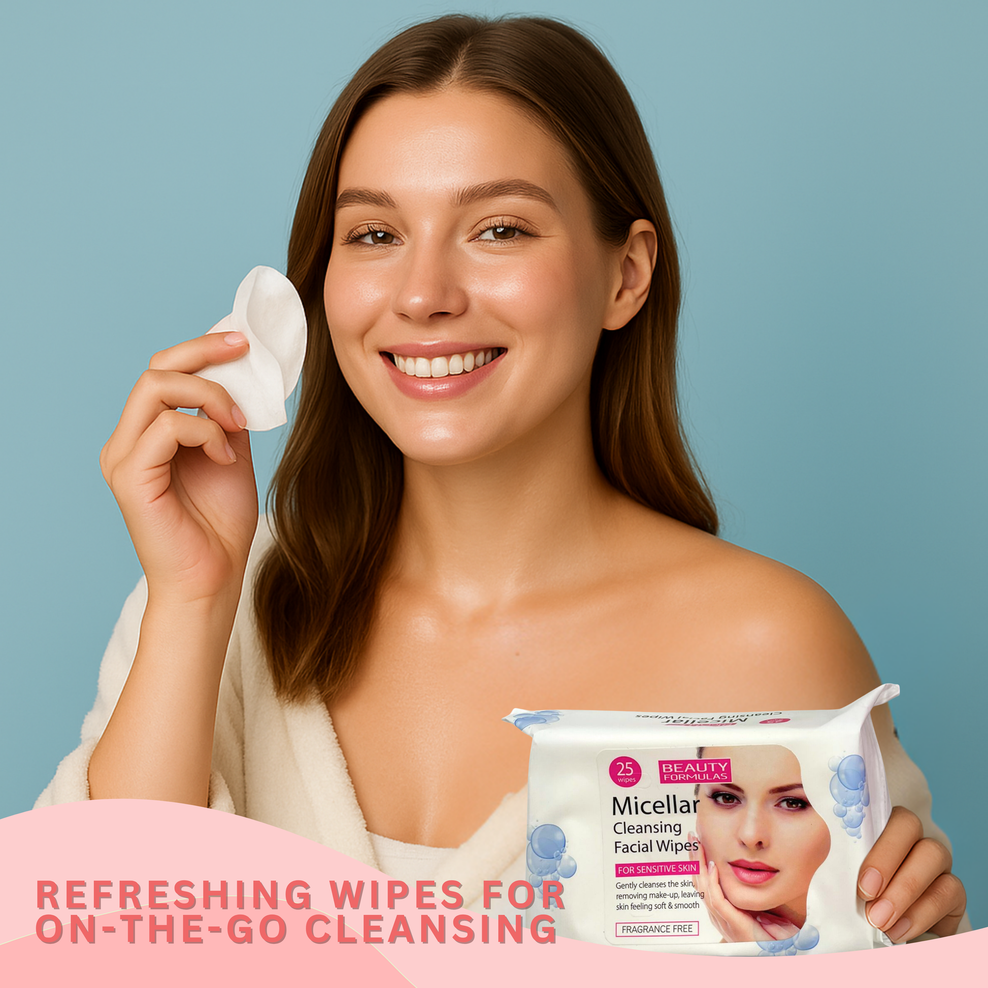 Smiling woman using micellar facial wipes for instant on-the-go cleansing and hydration
