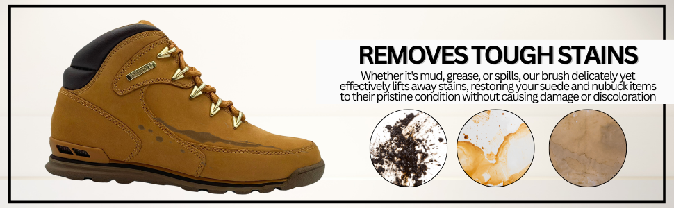 Suede boot with stain examples showing VIKINGTREAT suede brush removing dirt, grease, and water marks