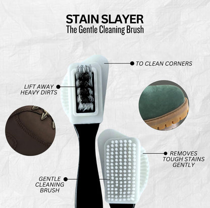 Close-up of VIKINGTREAT suede brush showing nylon and brass bristles for deep cleaning