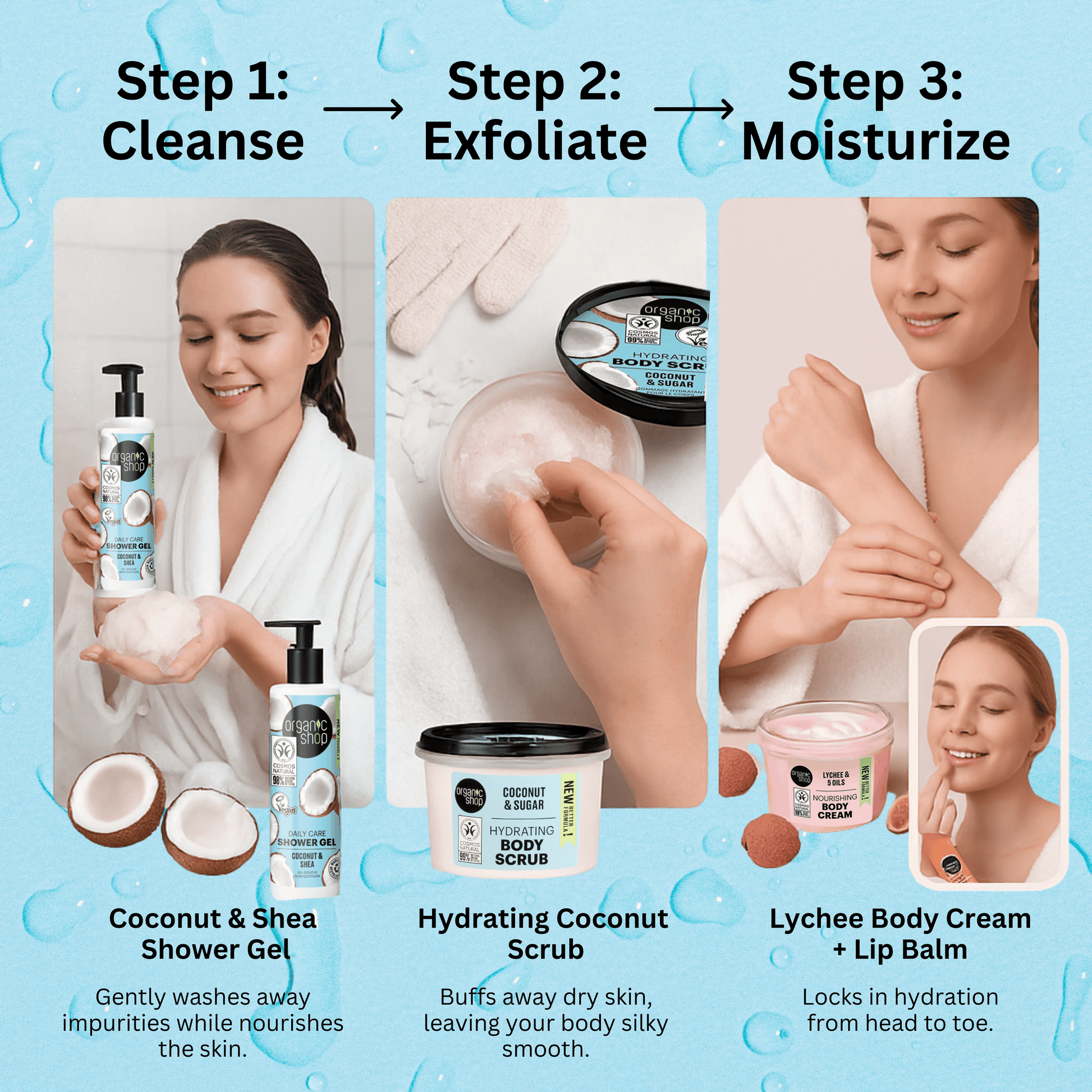 Step-by-step bath routine using coconut shower gel, body scrub, lychee body cream, and lip balm for soft skin