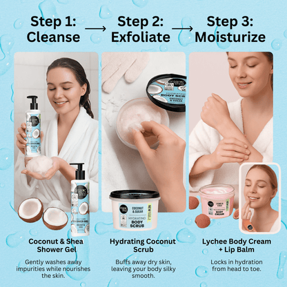 Step-by-step bath routine using coconut shower gel, body scrub, lychee body cream, and lip balm for soft skin