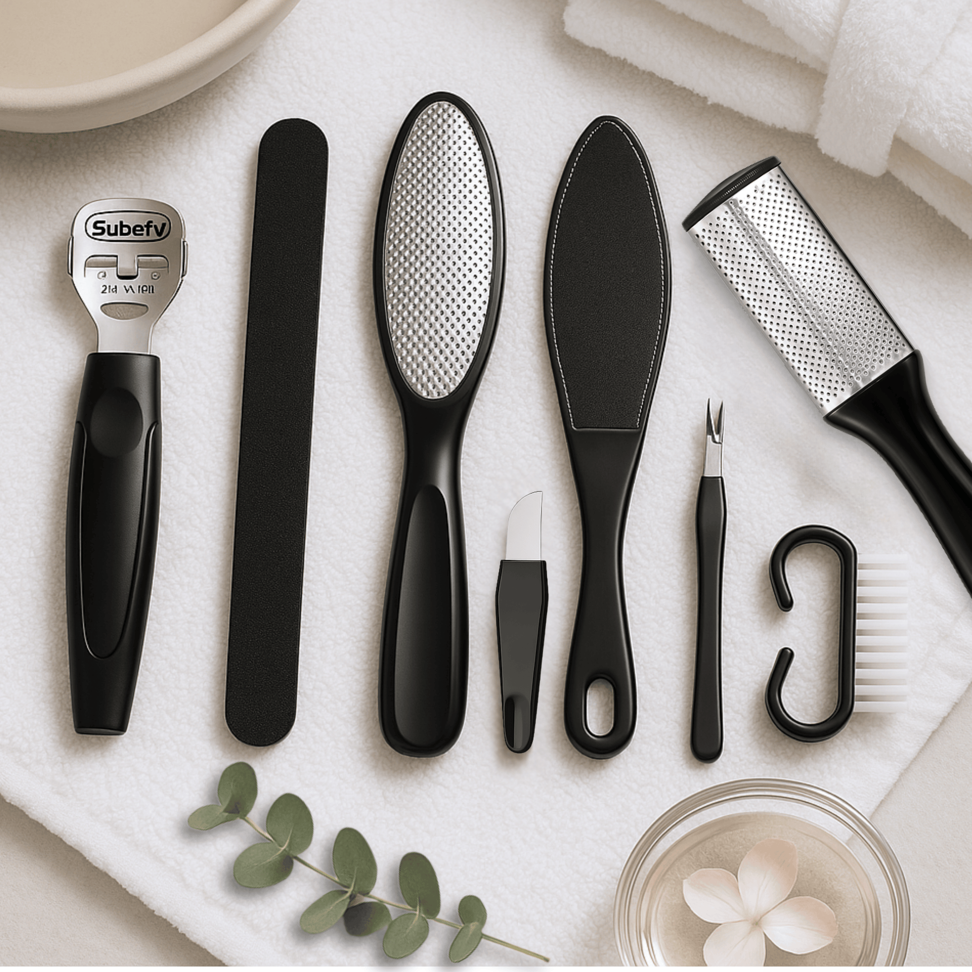Flatlay of black foot care tools on spa towel with petals and eucalyptus, clean beauty foot care concept.