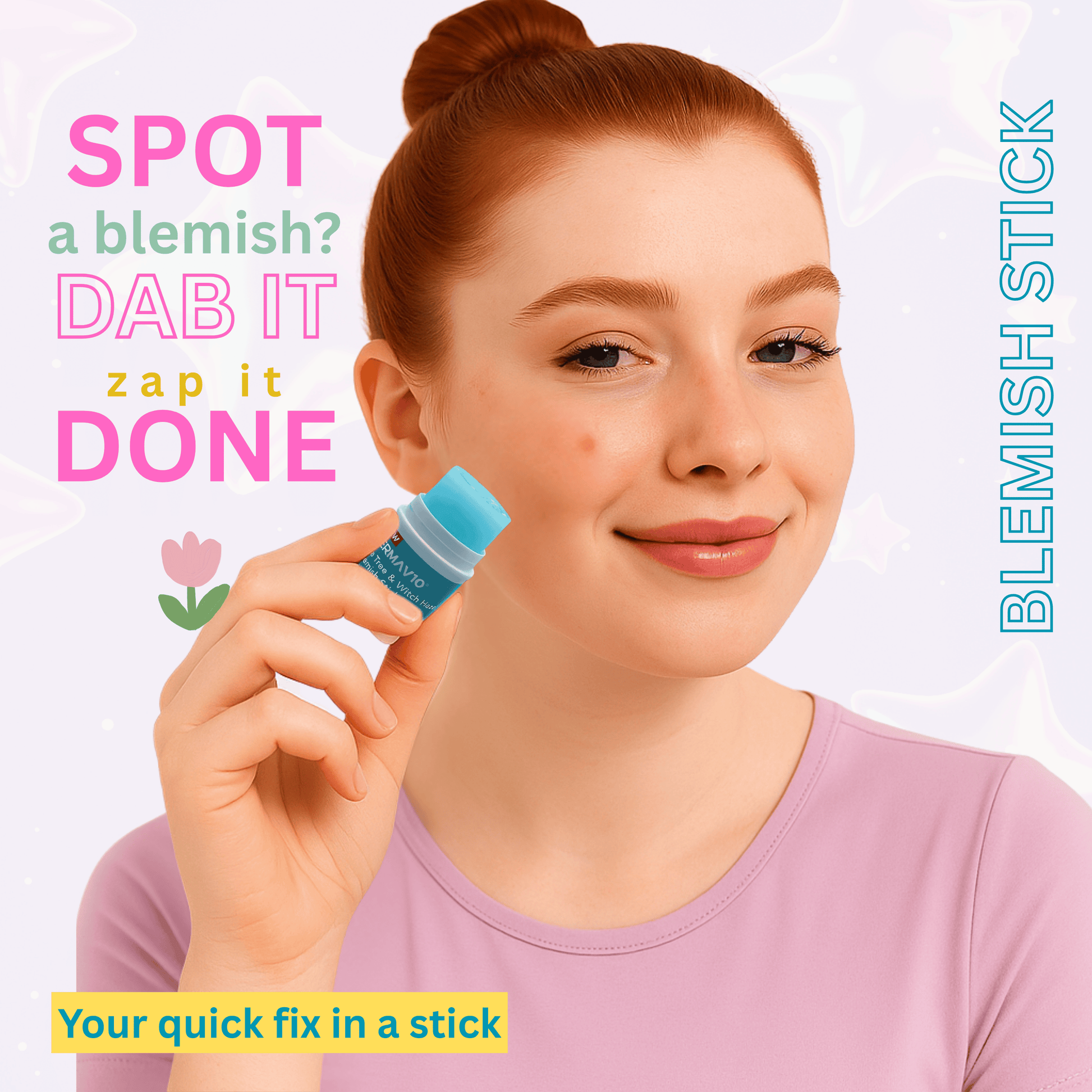 Girl applying blemish stick to cheek, showing quick skincare solution for spots