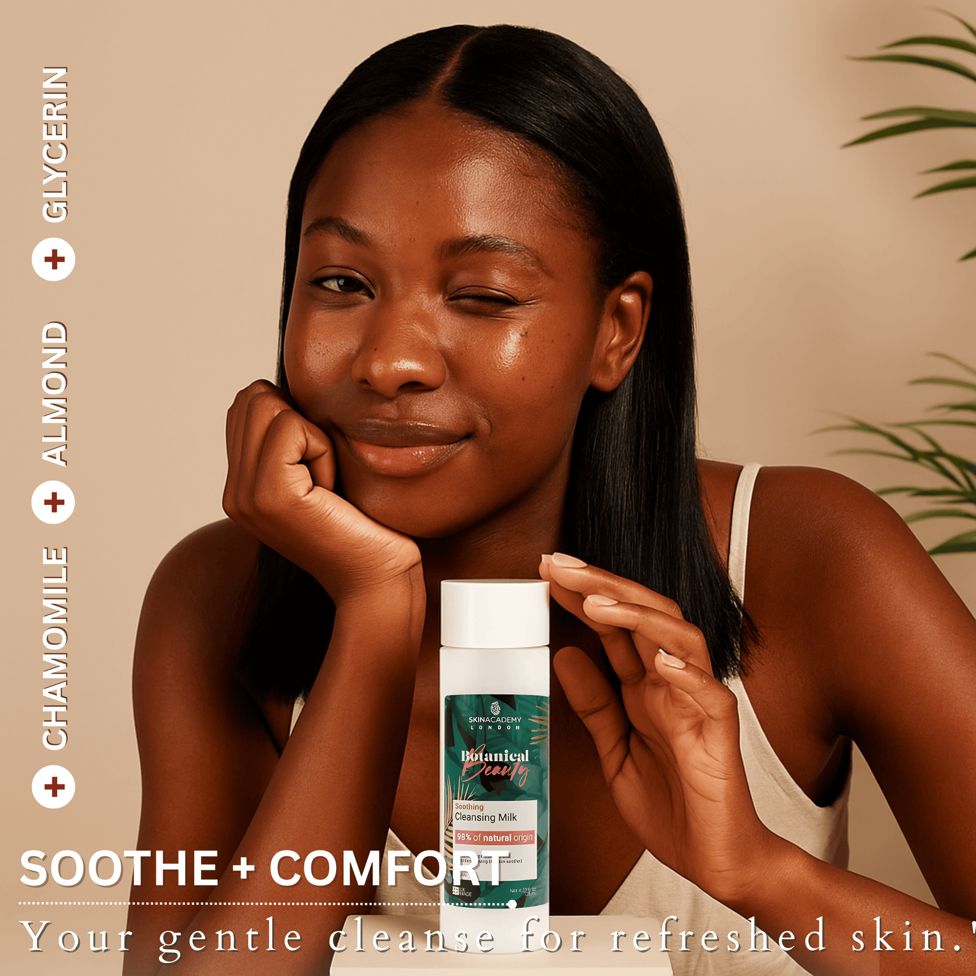 Skincare model smiling and holding Botanical Beauty Cleansing Milk, soothing comfort cleansing moment