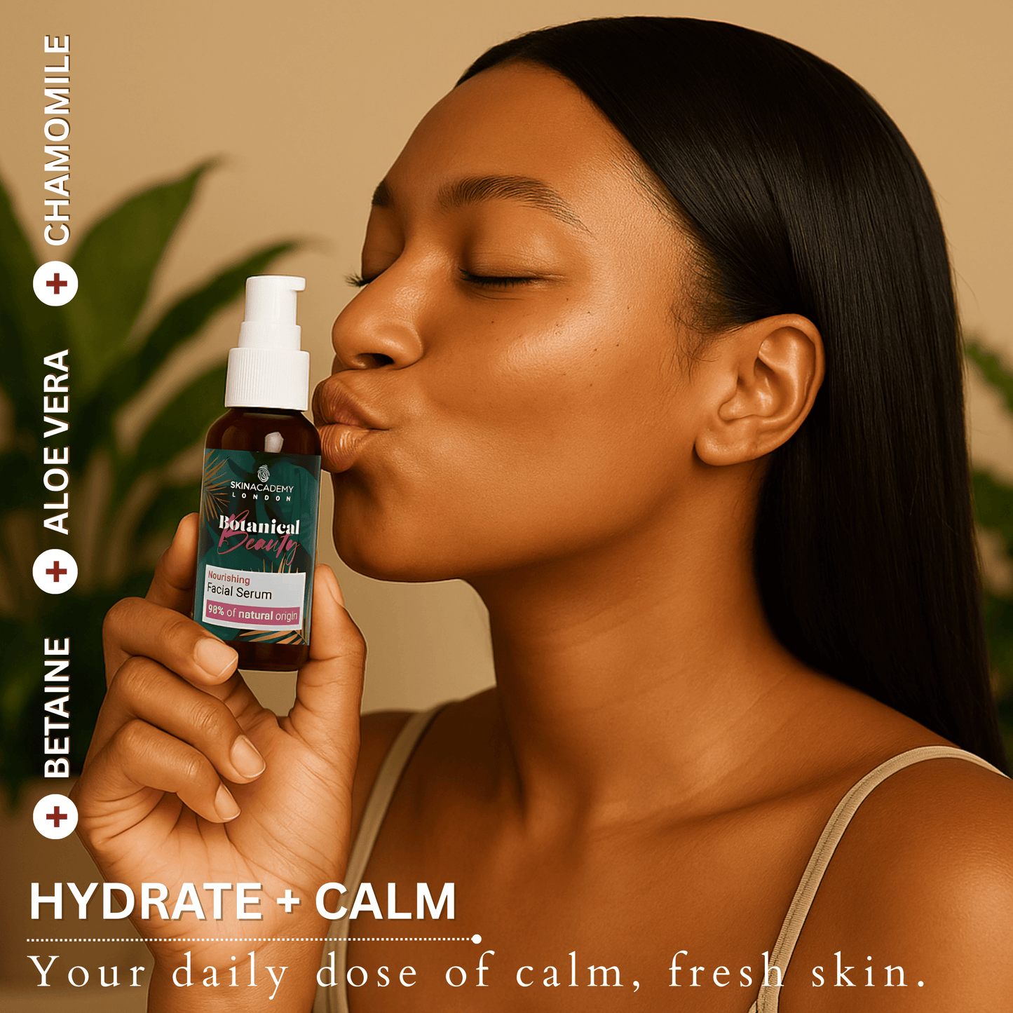 Woman holding and kissing Botanical Beauty Facial Serum bottle, glowing skin, hydration and calm skincare vibe