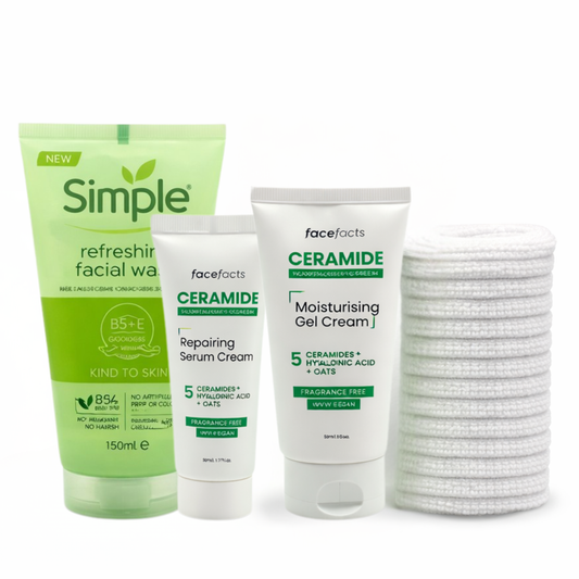Ceramide skincare routine set with gentle facial wash, repairing serum cream, moisturising gel cream and microfiber white cloth for sensitive skin care.