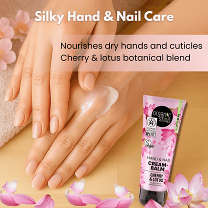 Moisturising hand cream with cherry and lotus being applied to hands, improves softness and nourishes nails