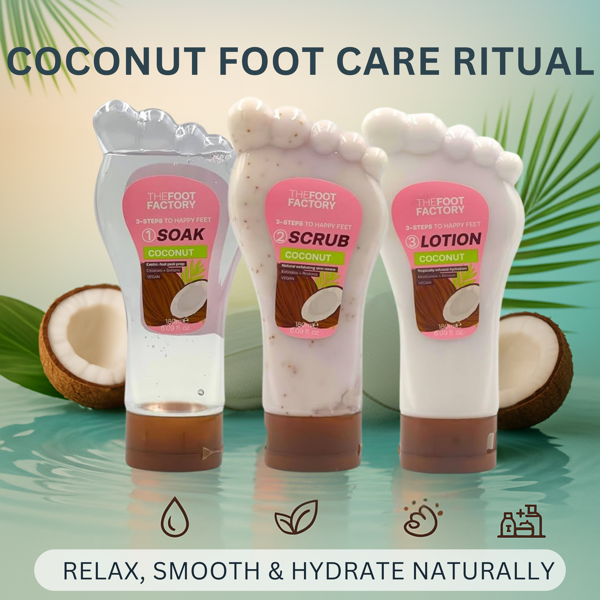 Coconut foot care set with soak, scrub, and lotion for soft, hydrated feet