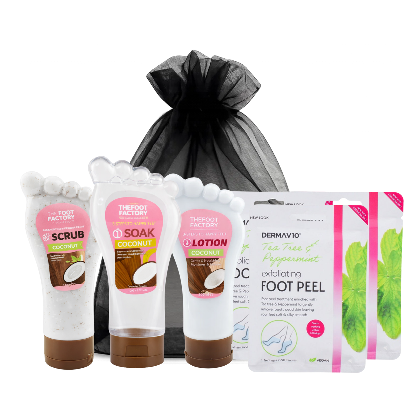 Coconut foot care set featuring foot scrub, hydrating foot soak, moisturising foot lotion and exfoliating foot peel mask
