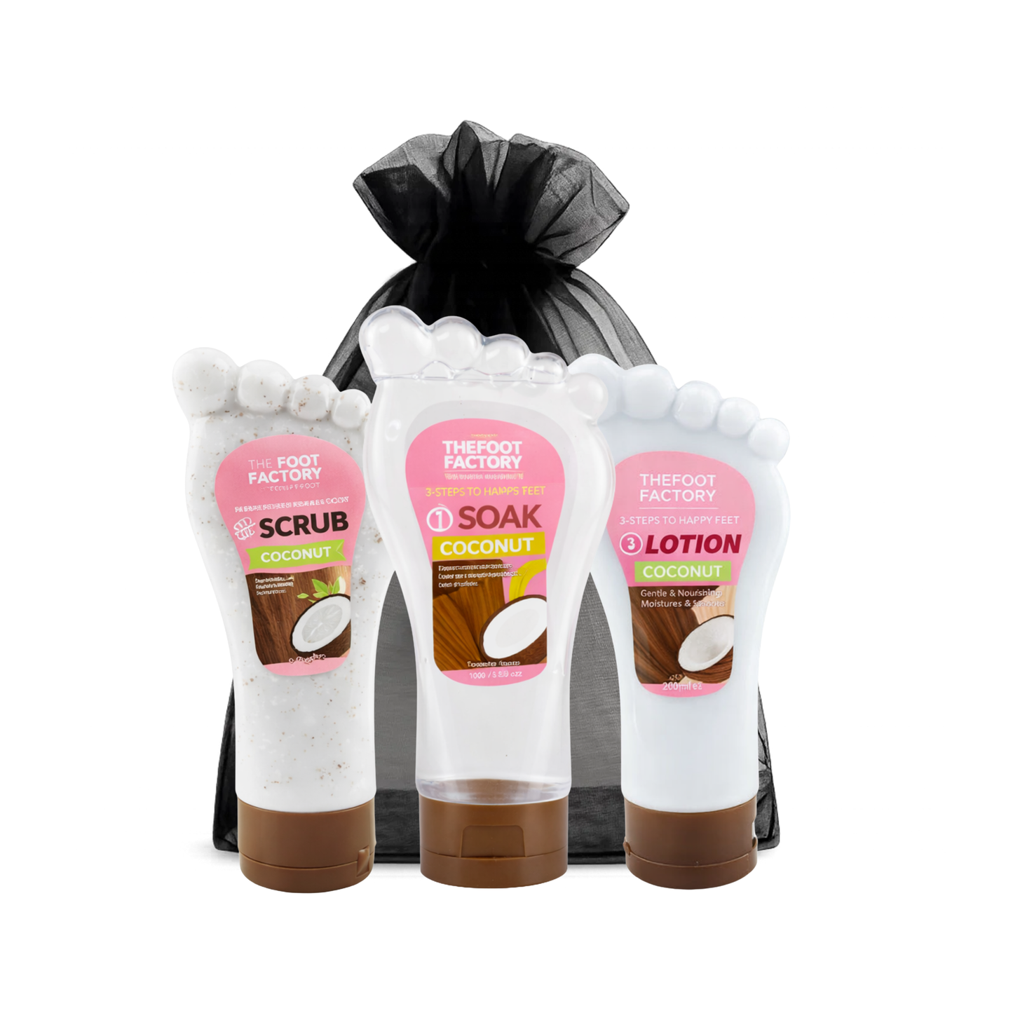 Coconut foot care set including foot scrub, hydrating foot soak and moisturising foot lotion for soft smooth feet