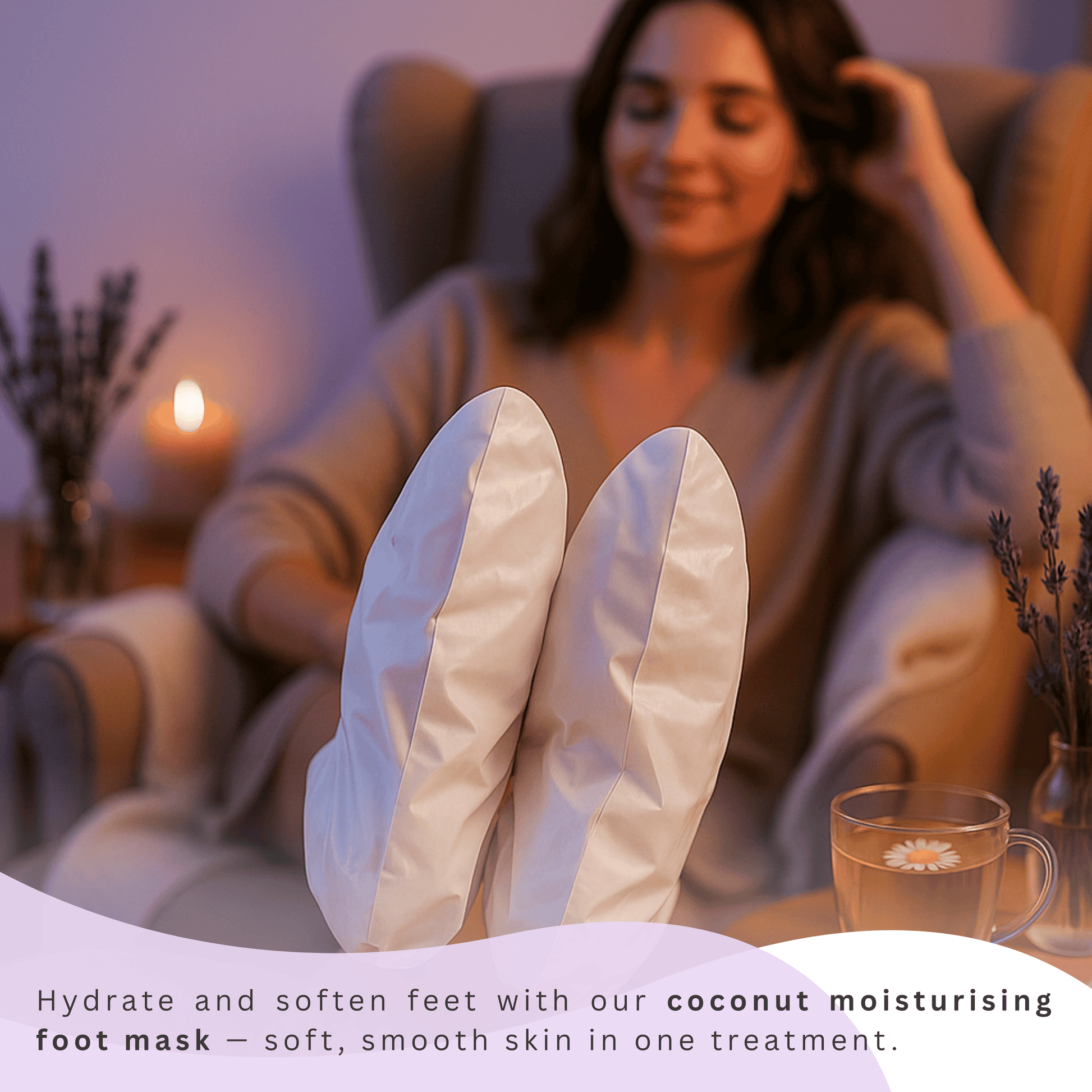 Coconut foot mask in use, woman relaxing with herbal tea, spa-like foot treatment at home