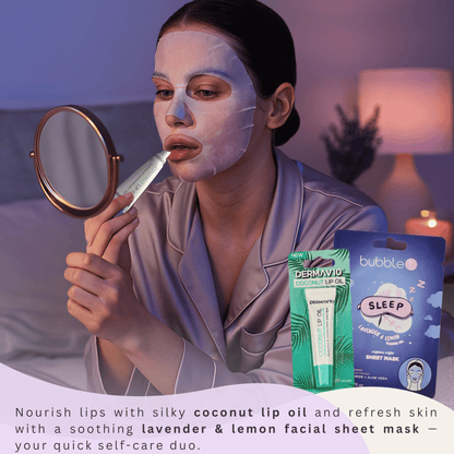 Skincare ritual with coconut lip oil and lavender & lemon sheet mask, woman enjoying facial treatment