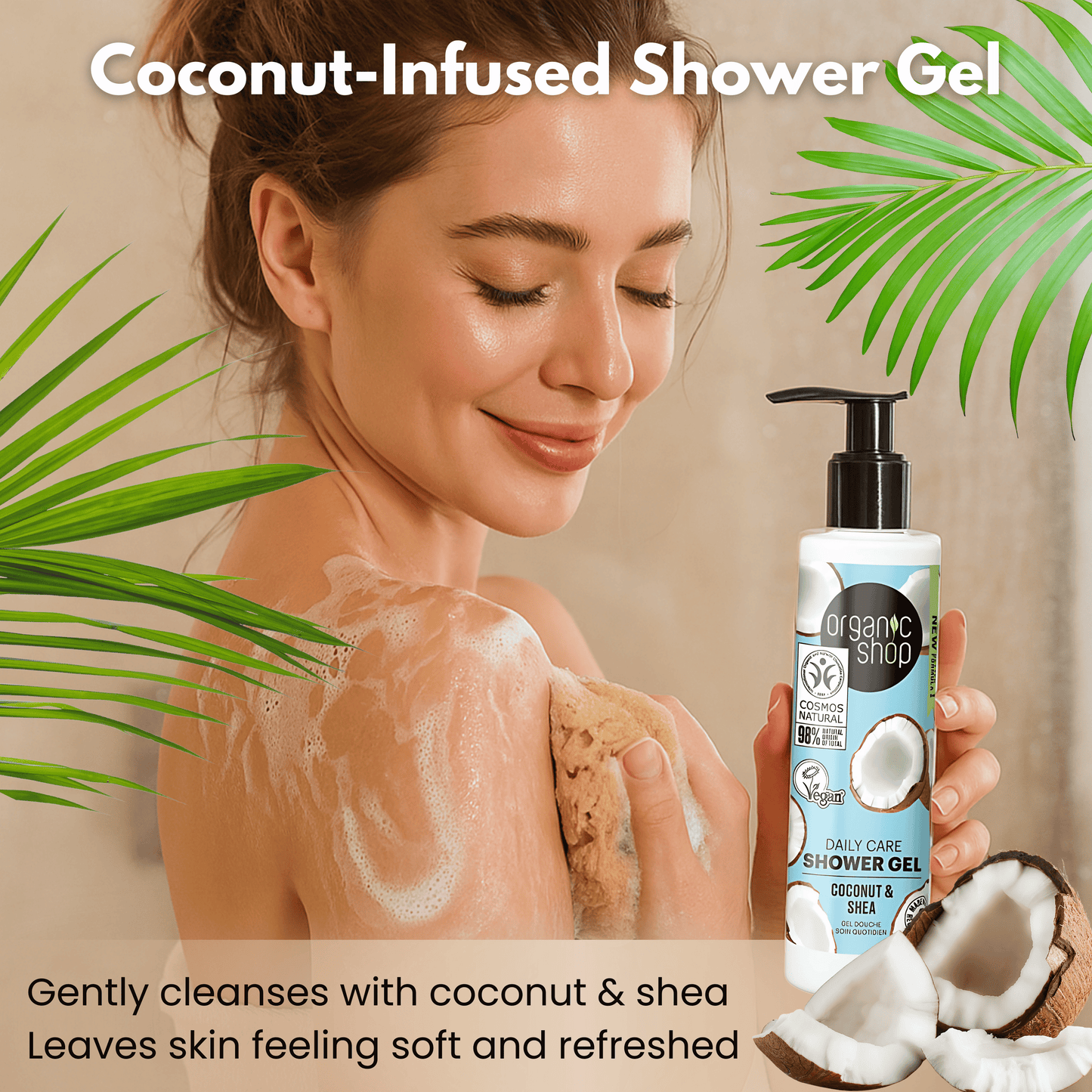 Woman using coconut and shea shower gel to cleanse and soften skin in tropical-inspired bathroom scene