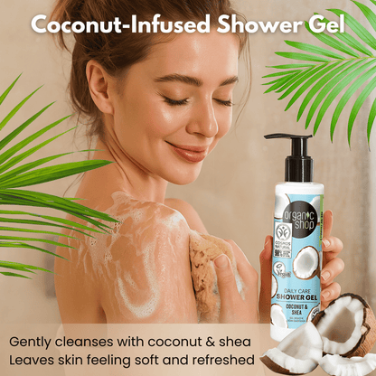 Woman using coconut and shea shower gel to cleanse and soften skin in tropical-inspired bathroom scene