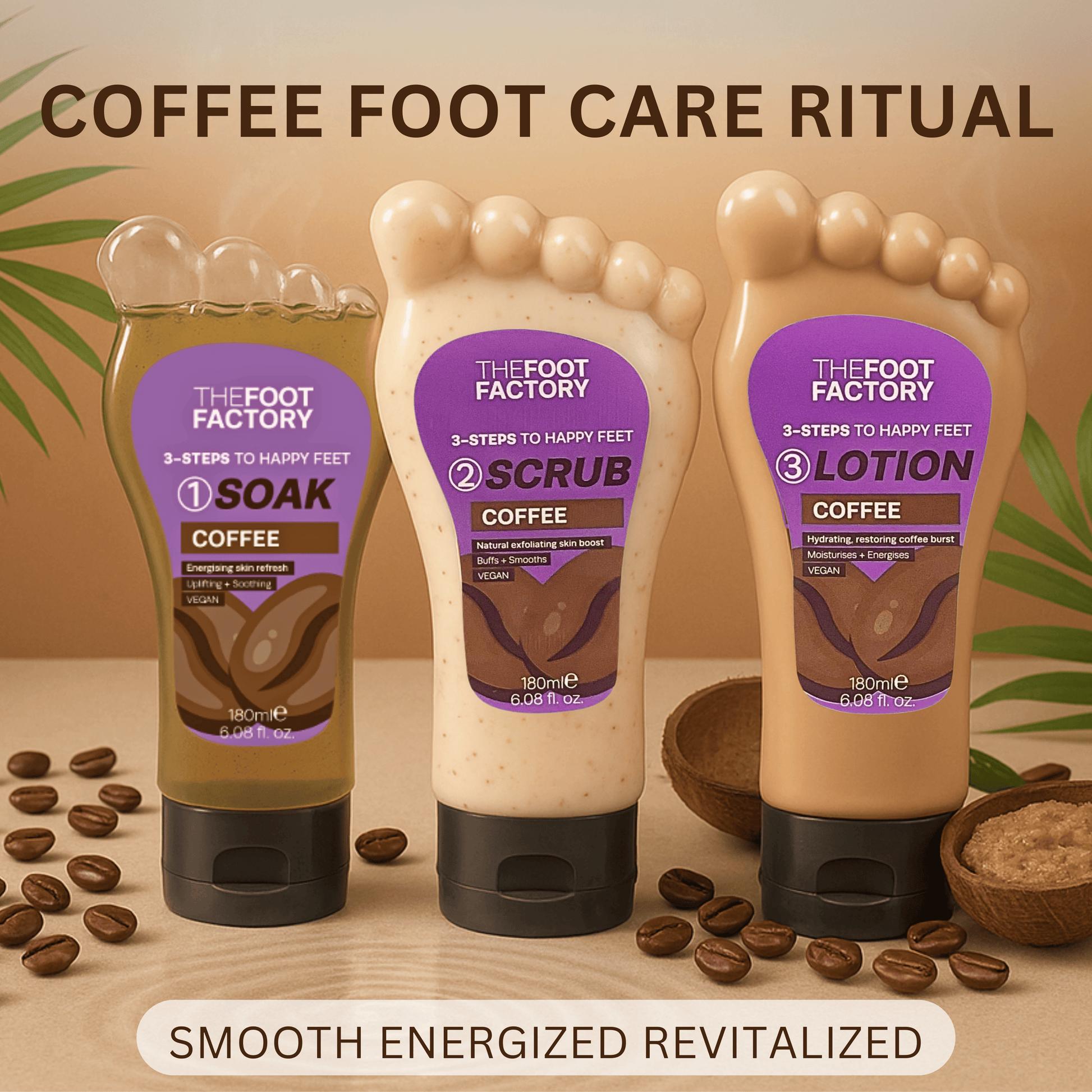 Coffee foot spa set with energising soak, exfoliating scrub, and moisturising lotion