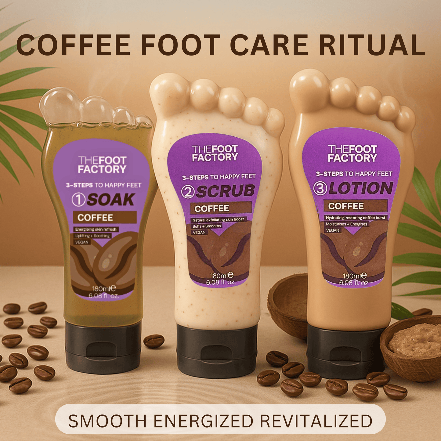 Coffee foot care trio with energising foot soak, exfoliating scrub and hydrating lotion for tired feet.