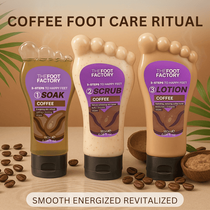 Coffee foot care trio with energising foot soak, exfoliating scrub and hydrating lotion for tired feet.