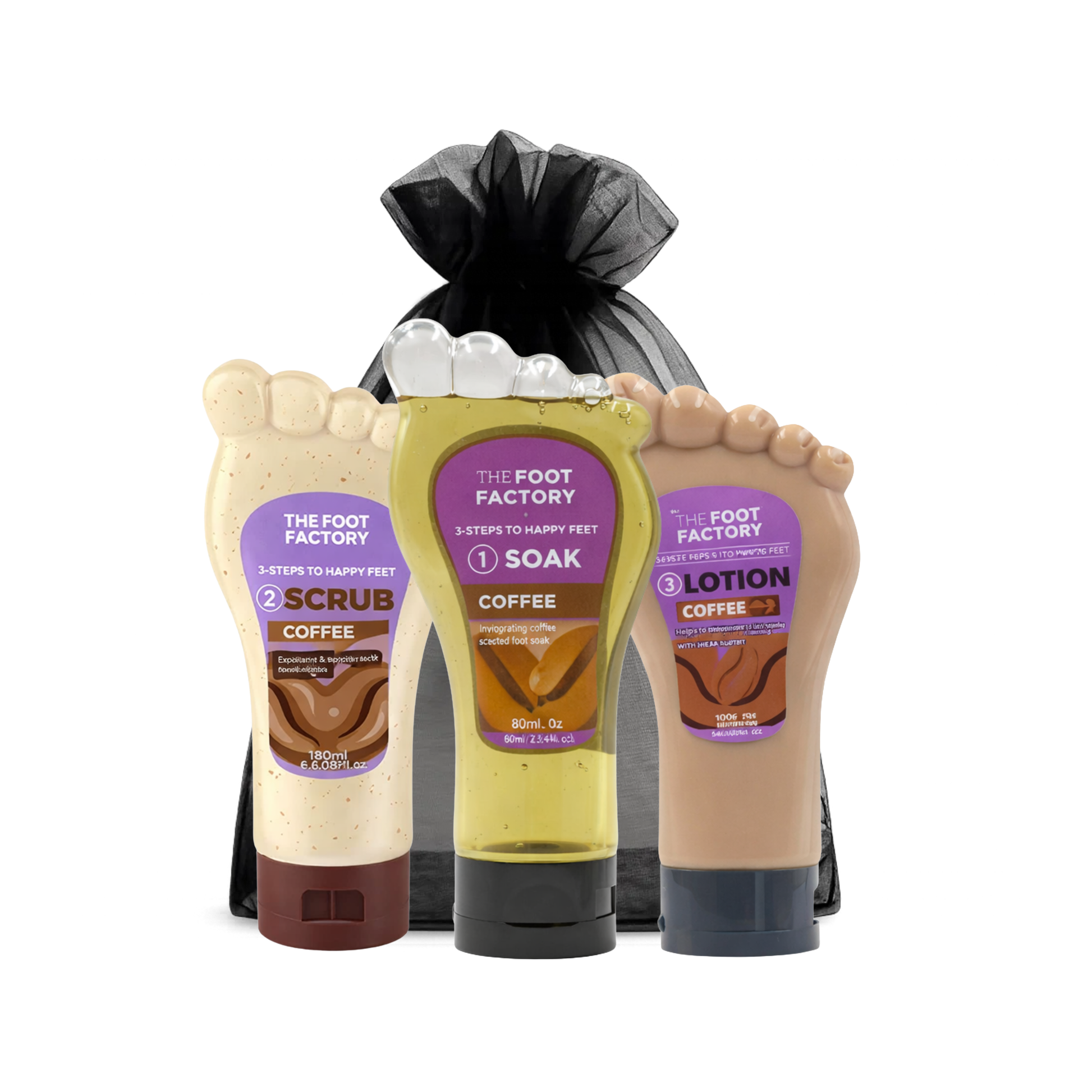Coffee foot care set with exfoliating scrub, invigorating foot soak and nourishing foot lotion for tired feet
