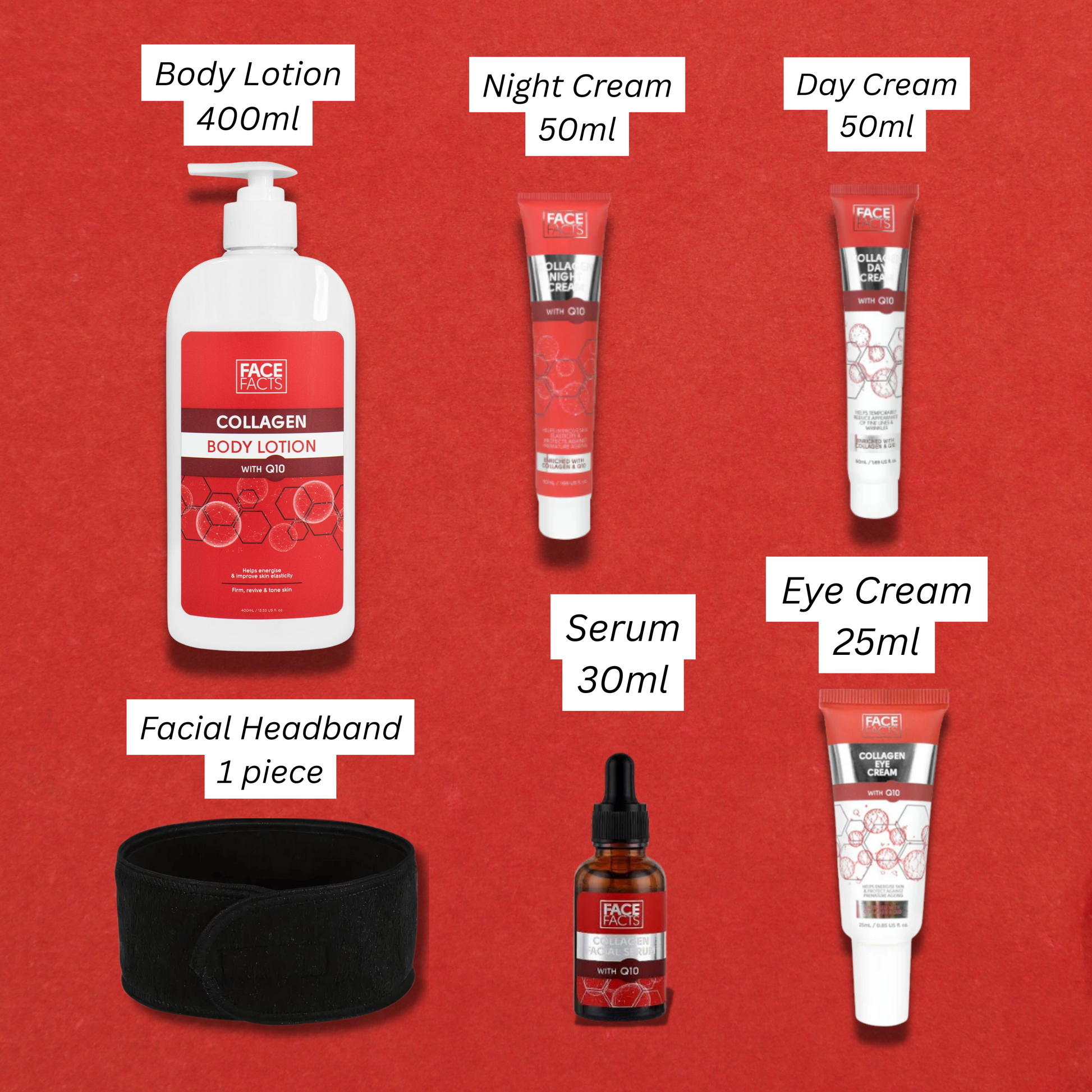 Product lineup with labels showing cream sizes and packaging against red background