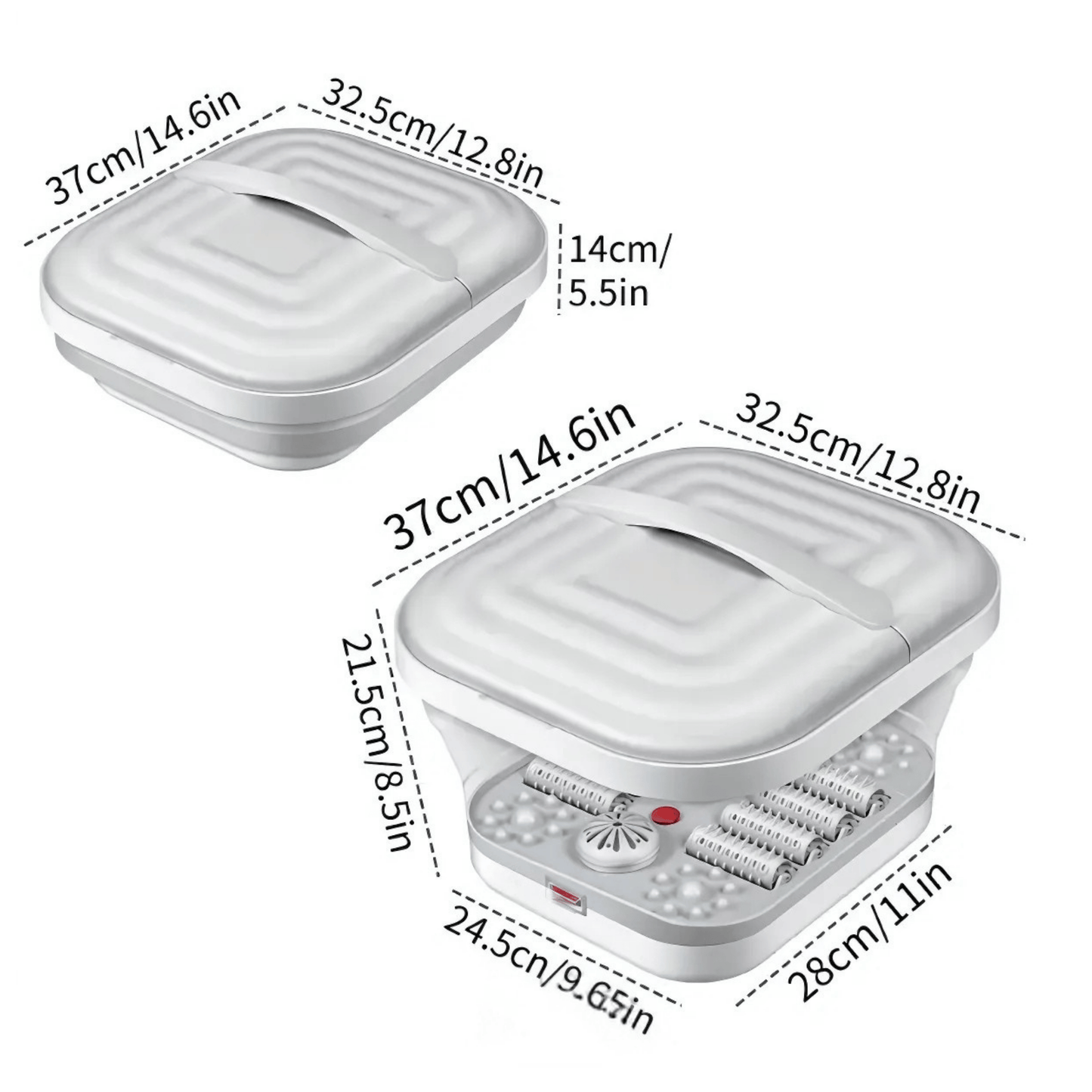 Size chart of collapsible foot spa bath showing folded and unfolded dimensions in cm and inches