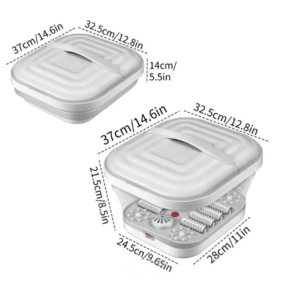 Size chart of collapsible foot spa bath showing folded and unfolded dimensions in cm and inches