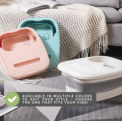 Collapsible foot soak basin available in multiple colors including pink, green, and white, portable foot bath spa bucket for home pedicure and relaxation.