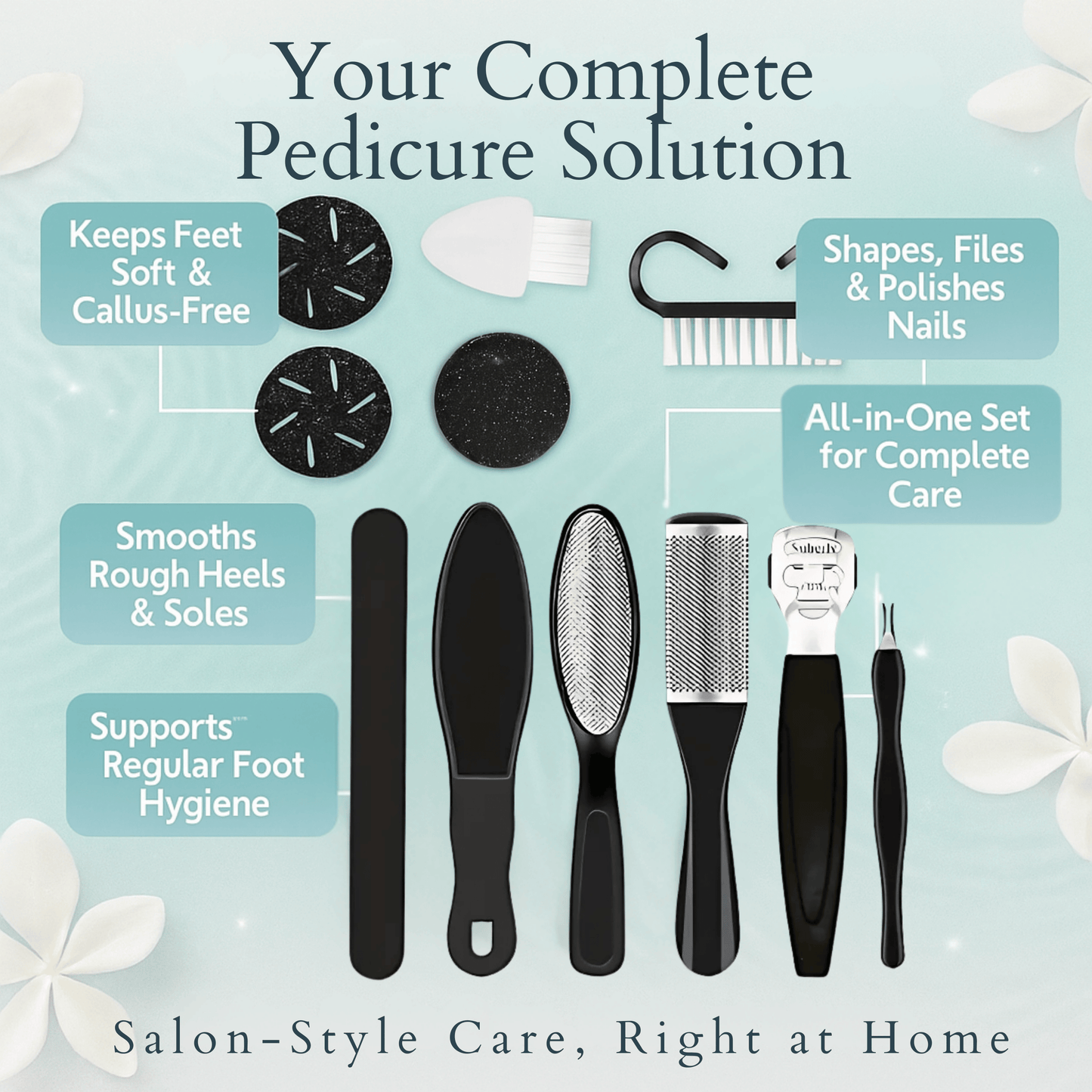 All-in-one foot pedicure toolset showing complete care and functions
