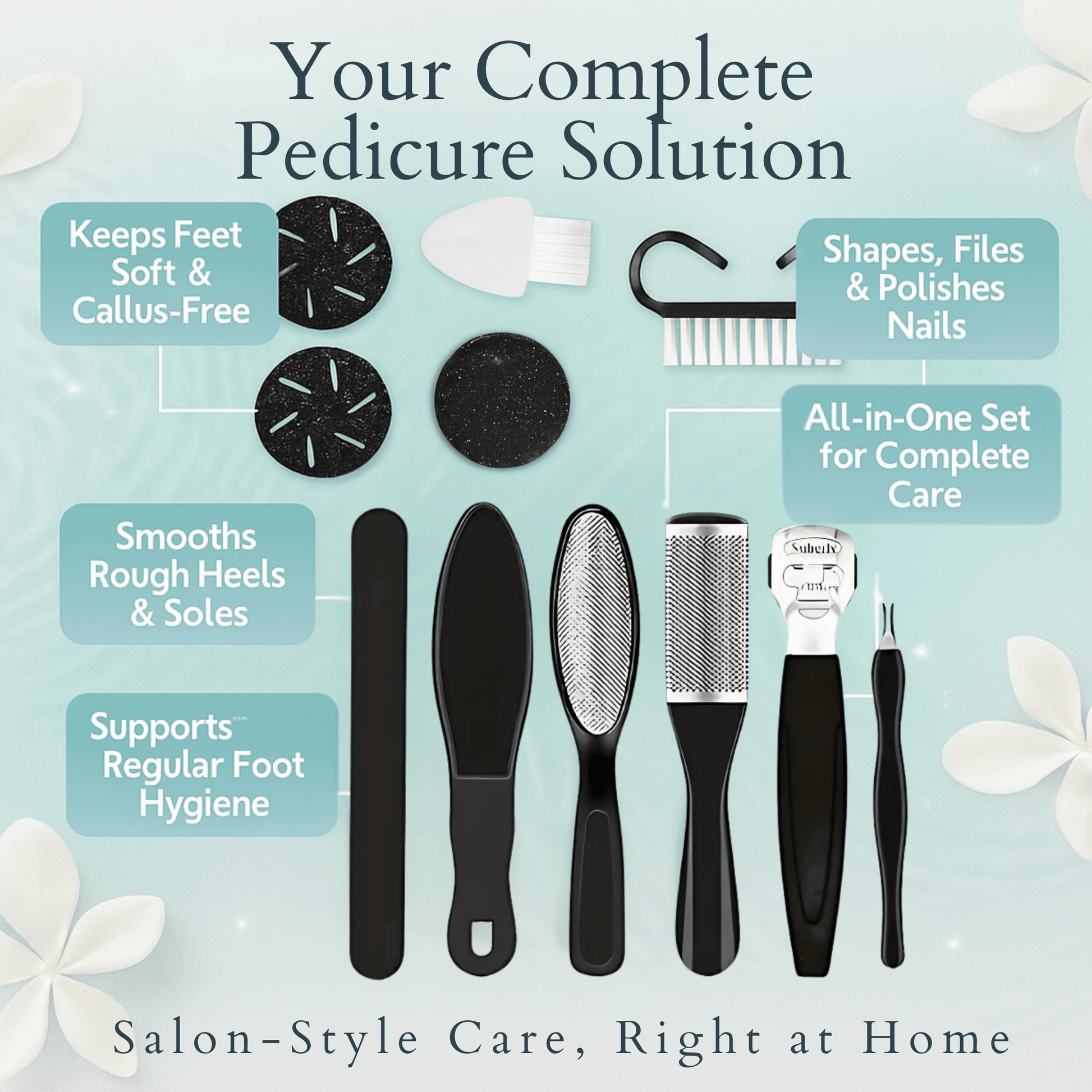 All-in-one foot pedicure toolset showing complete care and functions
