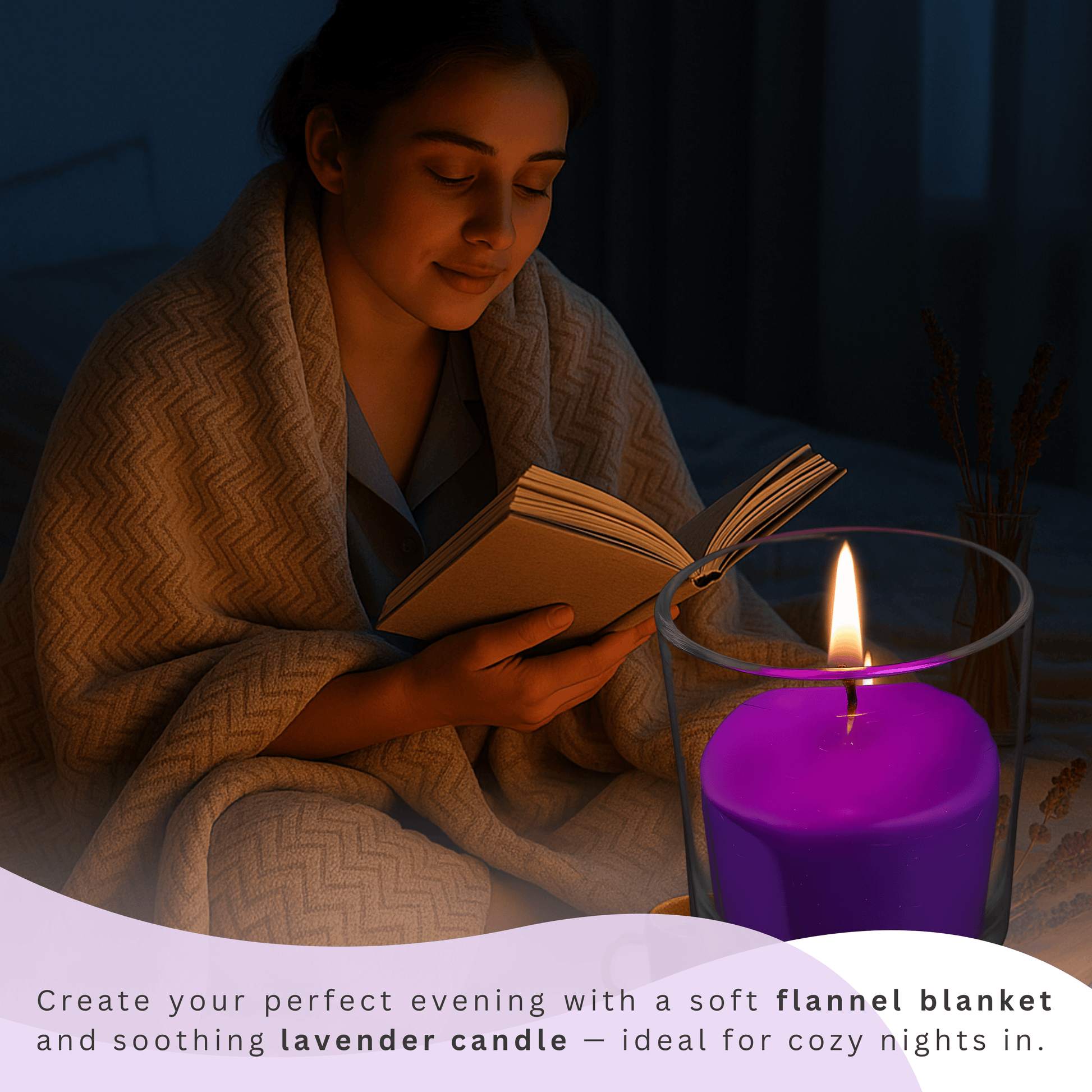 Woman reading under a soft flannel blanket with a glowing lavender candle for a cozy relaxation evening